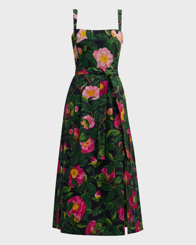 Camellias-Print Belted Slit-Hem Poplin Midi Dress